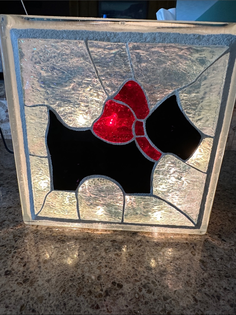 Stained glass handmade light up block with shiny plugin lights Scottish terrier